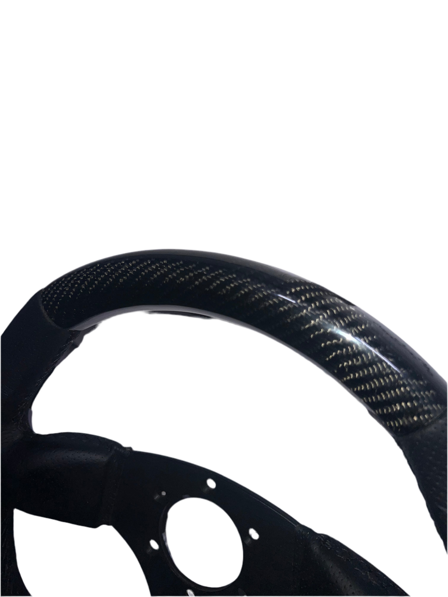 Speedzone Performance LLC racing carbon steering wheel with flat bottom design, showcasing sleek black finish and detailed grip area.