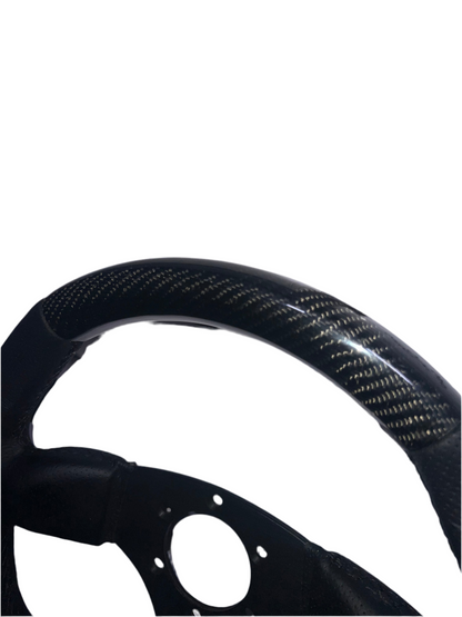 Speedzone Performance LLC racing carbon steering wheel with flat bottom design, showcasing sleek black finish and detailed grip area.