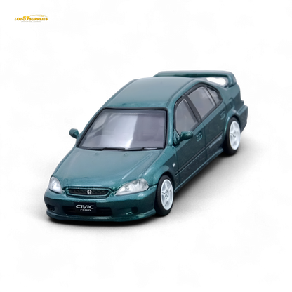 Green 1:64 scale Inno64 Honda Civic Ferio Si EK diecast model car, detailed exterior, showcasing authentic Honda design.