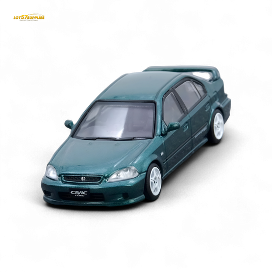Green 1:64 scale Inno64 Honda Civic Ferio Si EK diecast model car, detailed exterior, showcasing authentic Honda design.