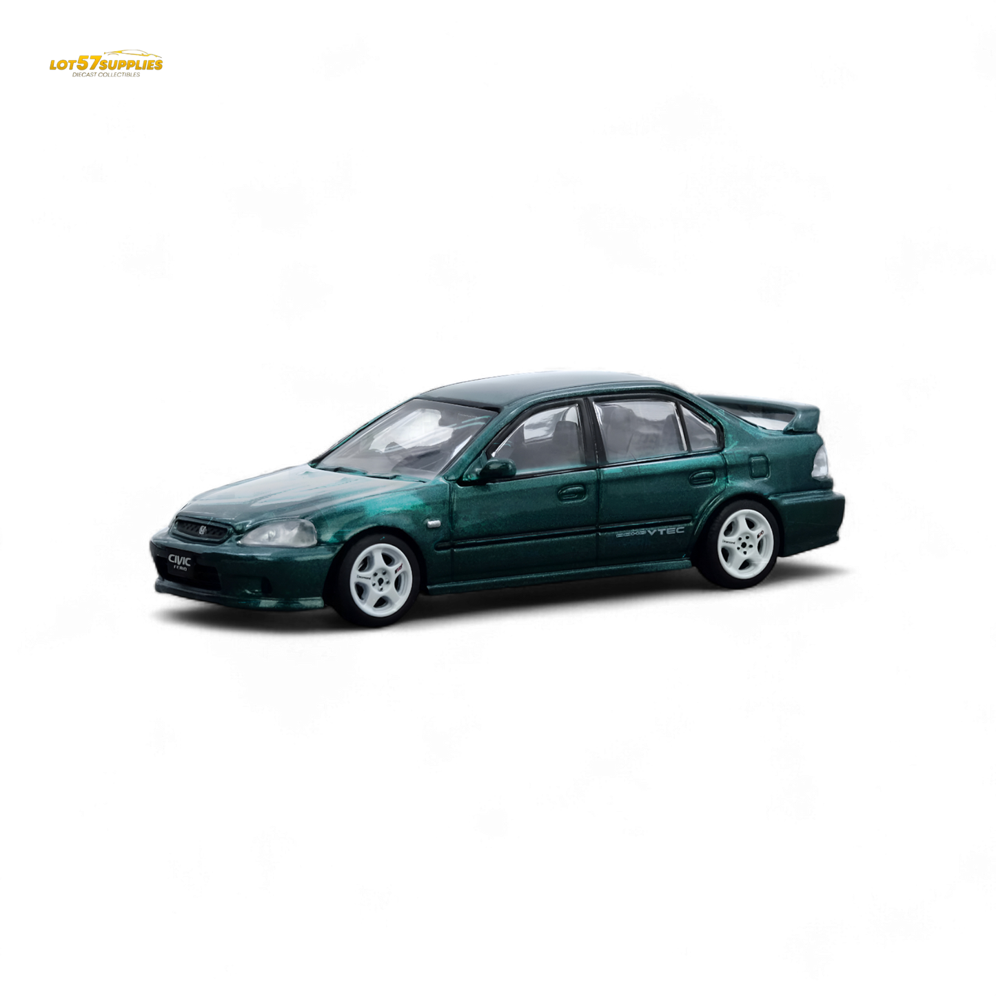 Green 1:64 scale Inno64 Honda Civic Ferio Si EK diecast model showcasing detailed exterior in natural lighting