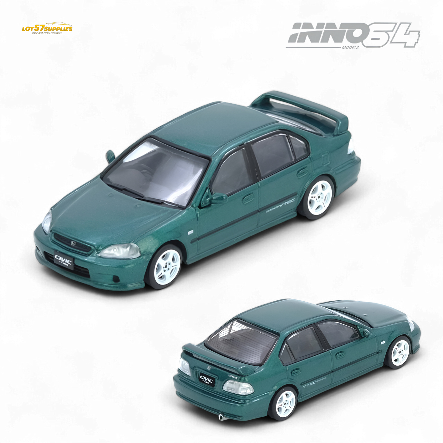 Pre-order Inno64 Honda Civic Ferio Si EK green diecast model in 1:64 scale, detailed Honda car replica with vibrant green finish.