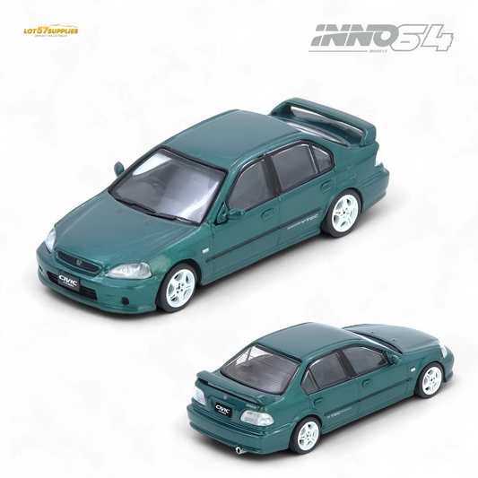 Pre-order Inno64 Honda Civic Ferio Si EK green diecast model in 1:64 scale, detailed Honda car replica with vibrant green finish.