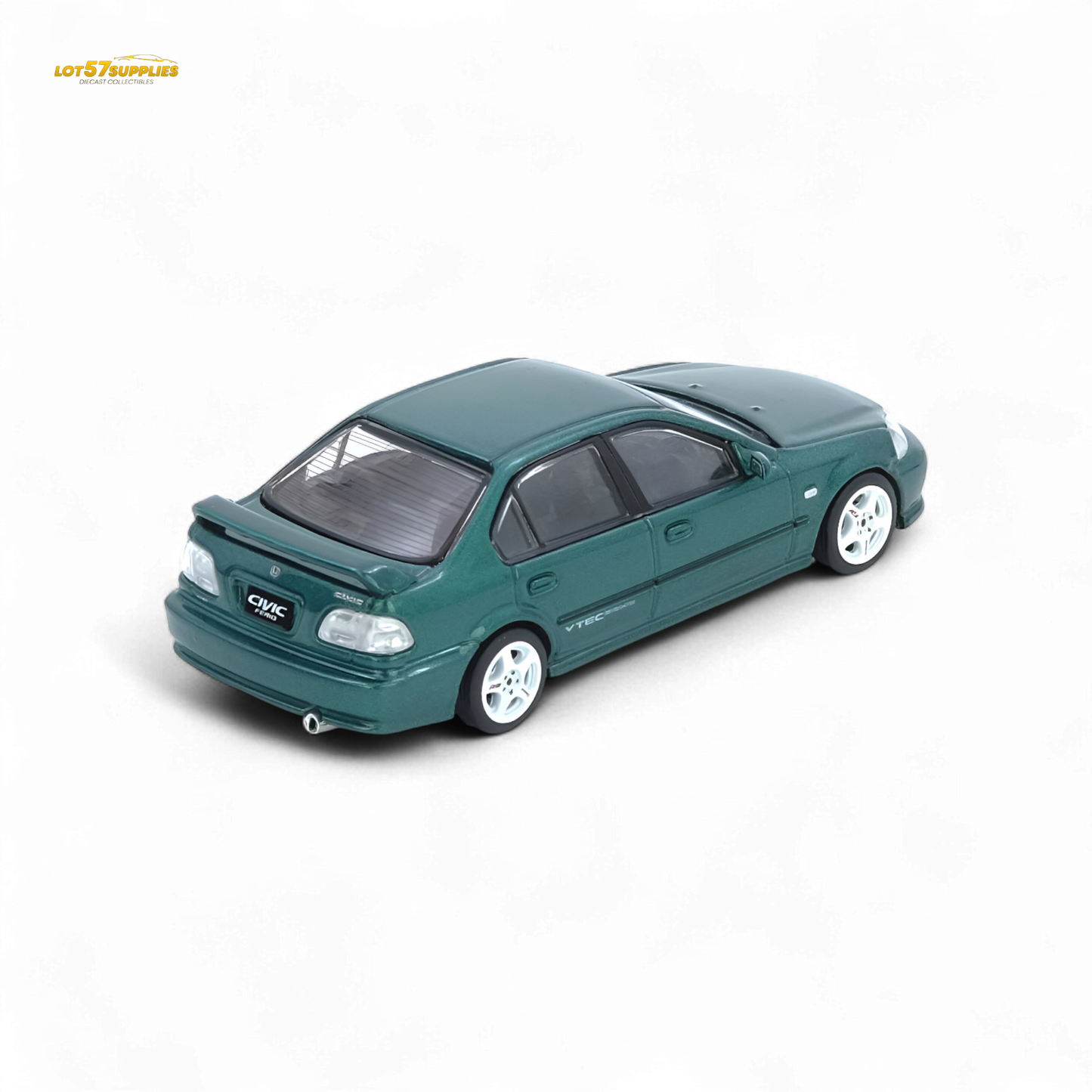 Green 1:64 scale Honda Civic Ferio Si EK diecast model by Lot57Supplies, detailed miniature car for collectors.