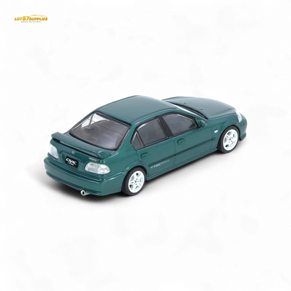 Green 1:64 scale Honda Civic Ferio Si EK diecast model by Lot57Supplies, detailed miniature car for collectors.