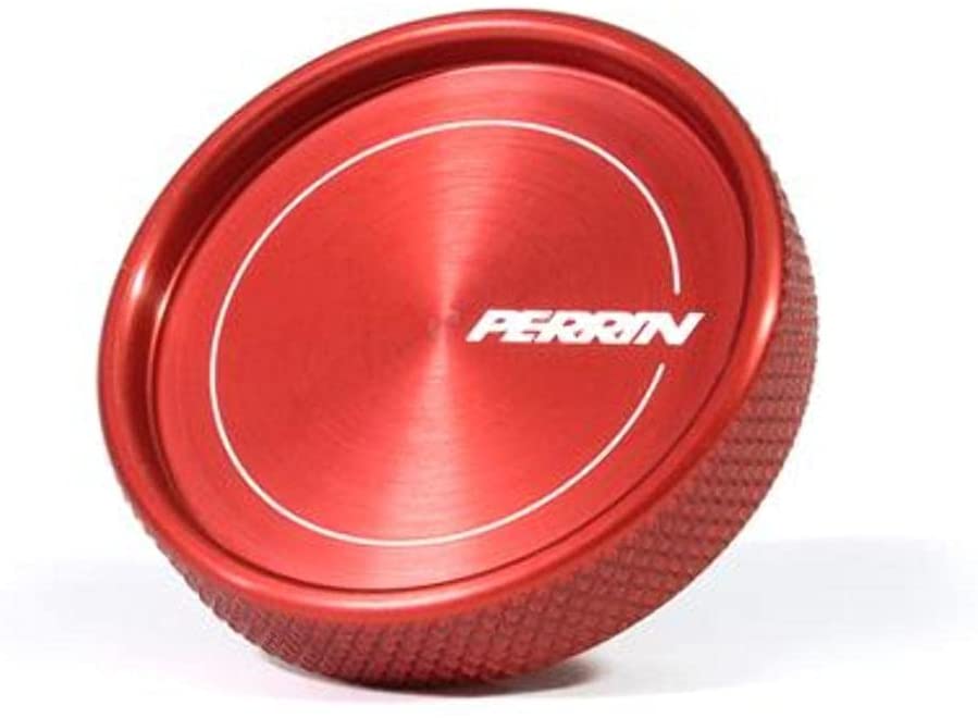 JDMuscle Perrin oil fill cap for Subaru WRX, STI, BRZ, FRS, and 86 models, shown on engine with close-up view.