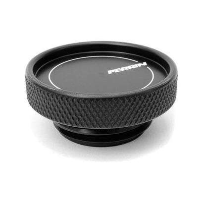 JDMuscle Perrin oil fill cap for Subaru WRX, STI, BRZ, FRS, and 86; black aluminum engine oil cap with engraved logo.