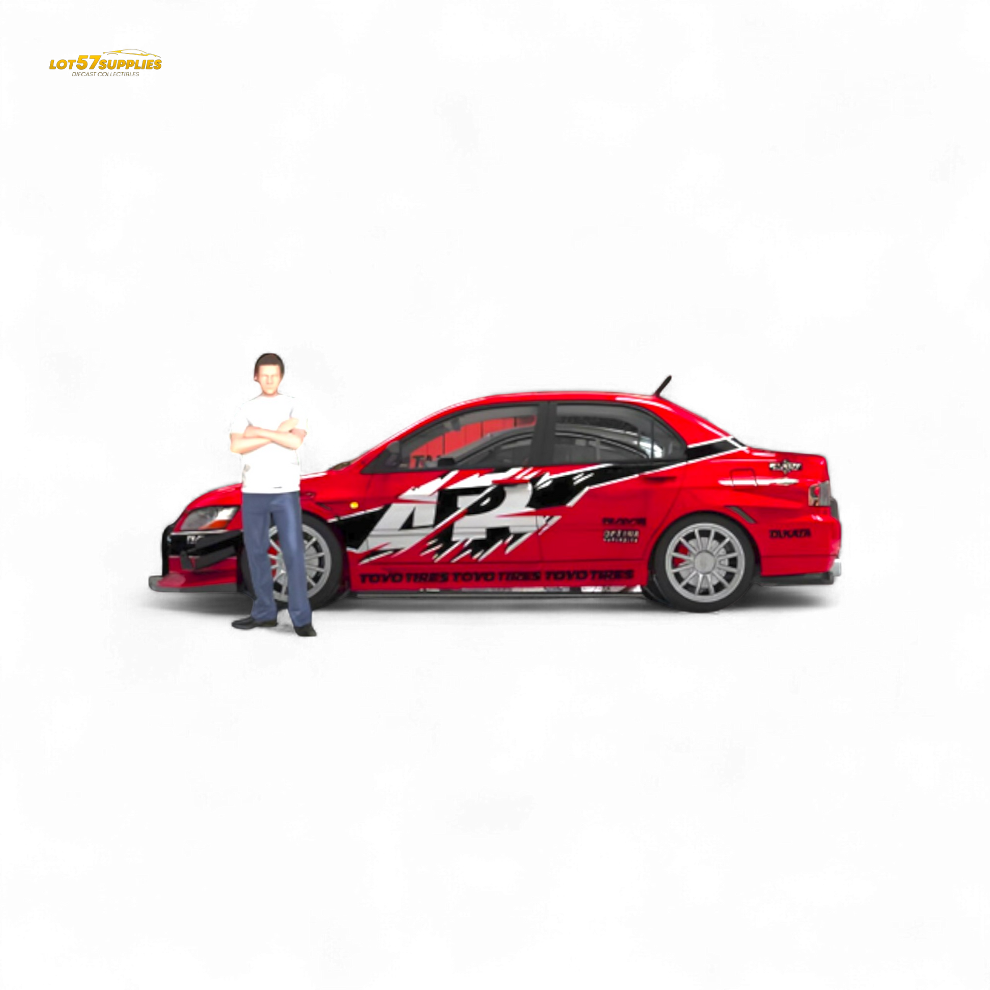 Detailed 1:64 scale Mitsubishi Lancer EVO 9th Gen diecast model by Lot57Supplies Diecast Shop, showcasing black and red design details.