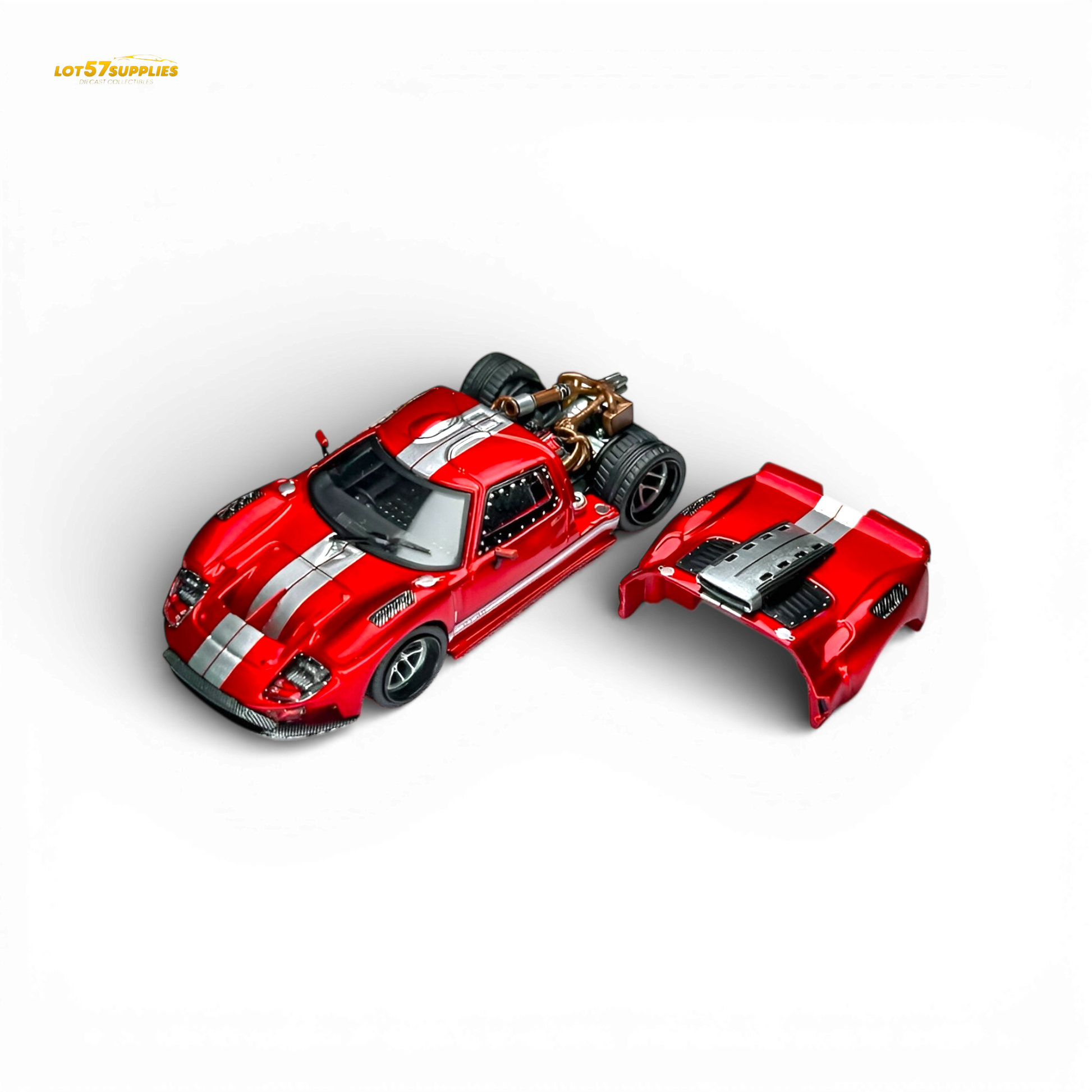 Transparent red 1:64 scale Ford GT40 diecast model by Rhino Model RM, detailed and collectible.
