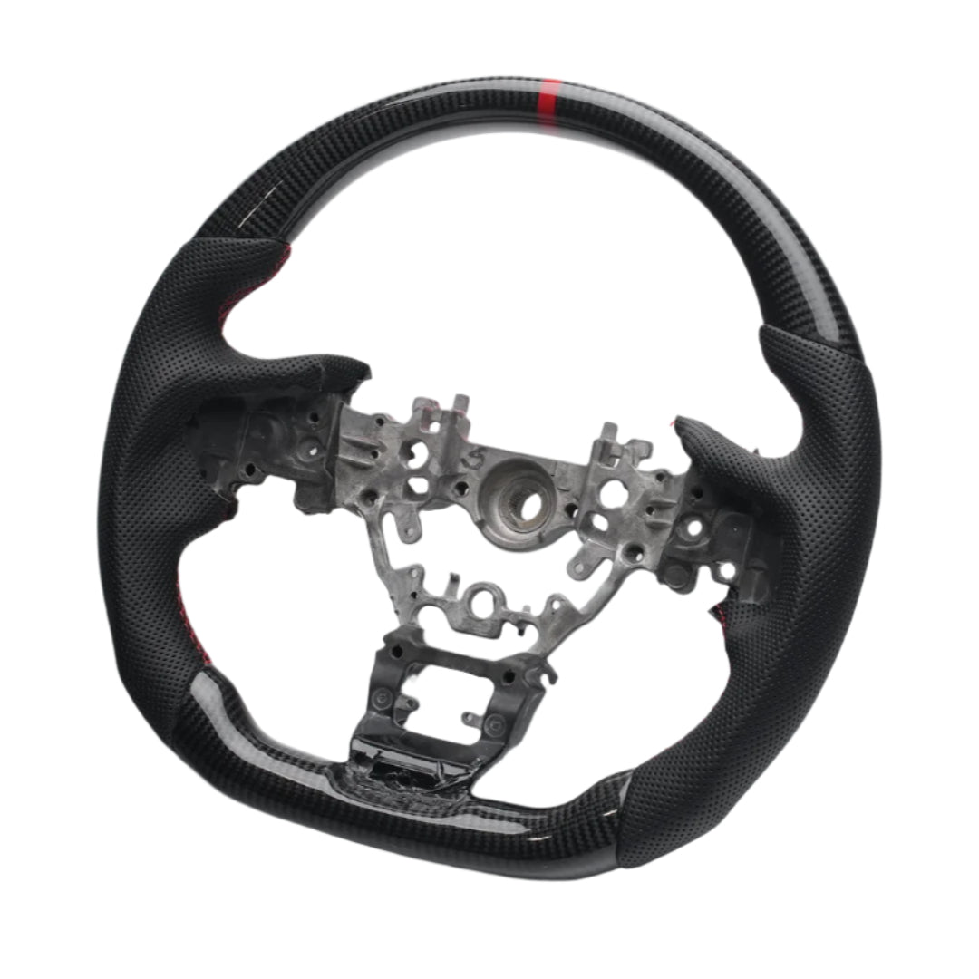 Red JDMuscle Carbon-Lite Series steering wheel for 2022-2025 WRX, shown with close-up of textured grip and branding details.