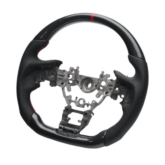 Red JDMuscle Carbon-Lite Series steering wheel for 2022-2025 WRX, shown with close-up of textured grip and branding details.