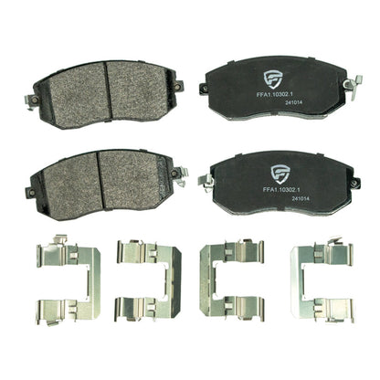 FactionFab V2 front brake pads for 2011-2014 Subaru WRX, 2013-2020 BRZ 86, and 2022-2026 GR86, shown in the image.