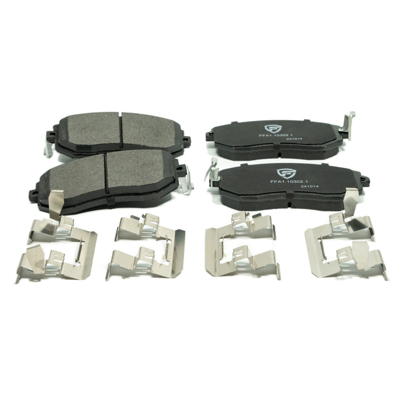 FactionFab V2 front brake pads for 2011-2014 Subaru WRX, 2013-2020 BRZ 86, and 2022-2026 BRZ GR86 shown in the image.
