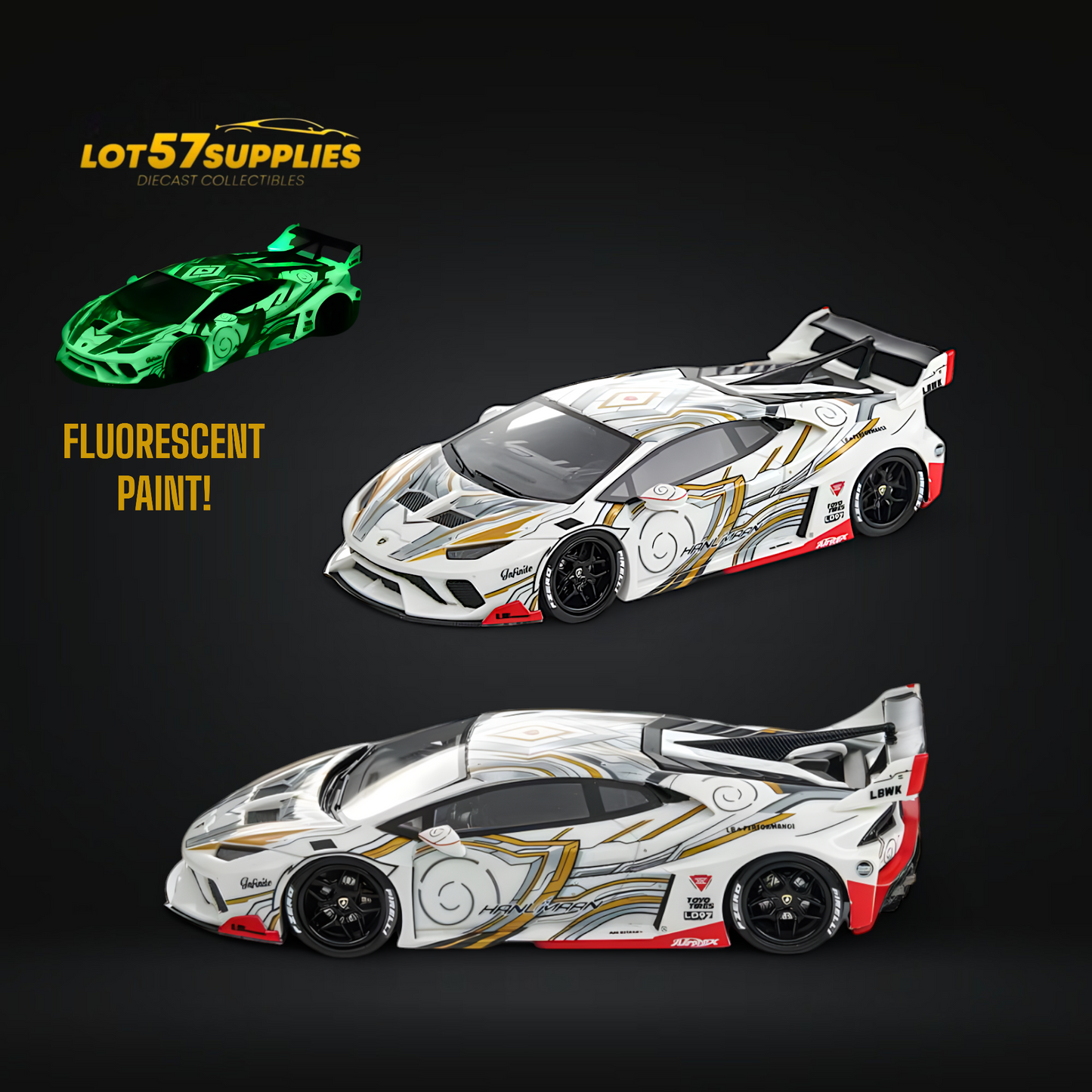 White and gray Lamborghini Huracan GT LP610 diecast model in 1:64 scale with flame design from Lot57Supplies Diecast Shop.