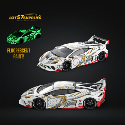 White and gray Lamborghini Huracan GT LP610 diecast model in 1:64 scale with flame design from Lot57Supplies Diecast Shop.