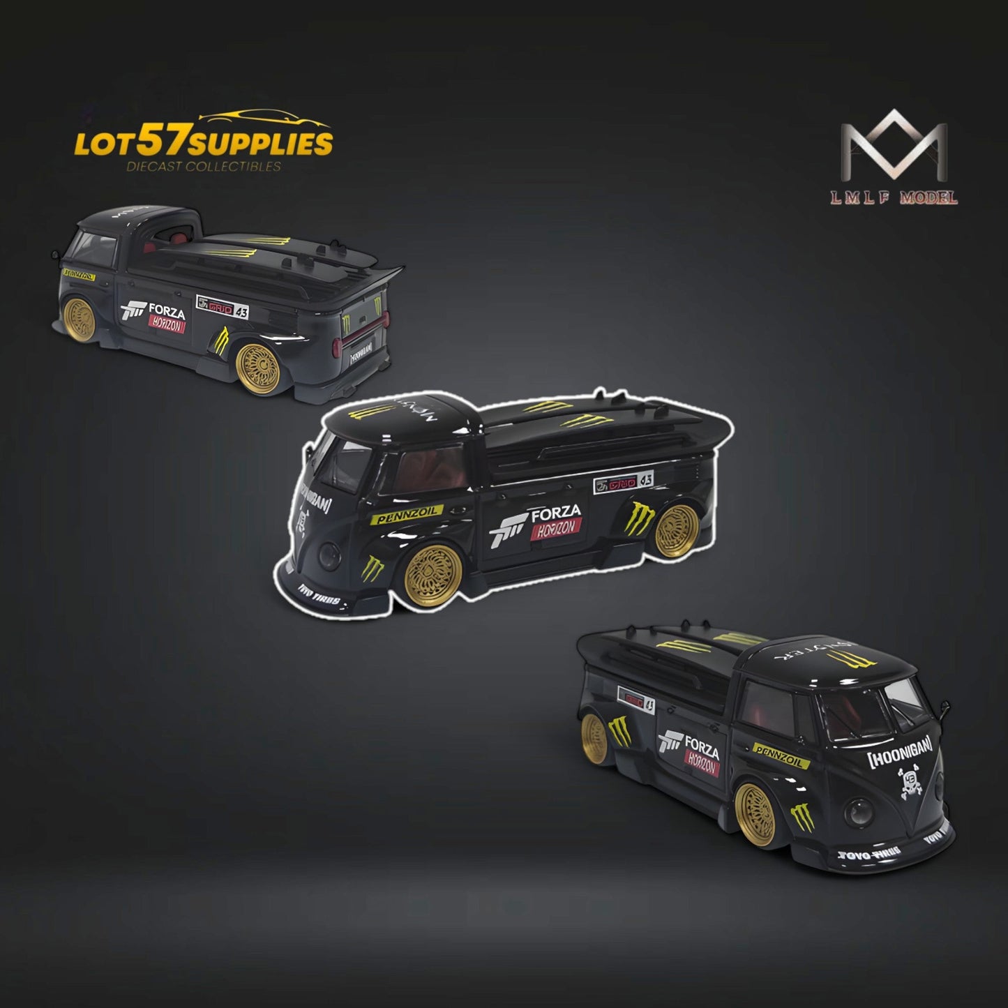 Volkswagen T1 Bus diecast model in Forza Monster livery, 1:64 scale, detailed collectible by Lot57Supplies.