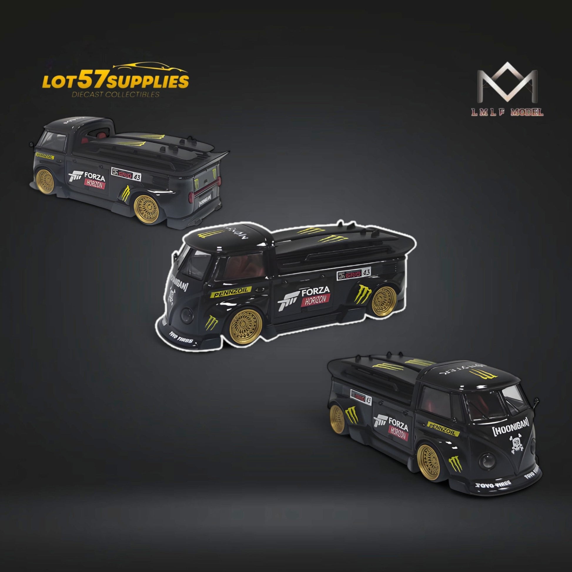 Volkswagen T1 Bus diecast model in Forza Monster livery, 1:64 scale, detailed collectible by Lot57Supplies.