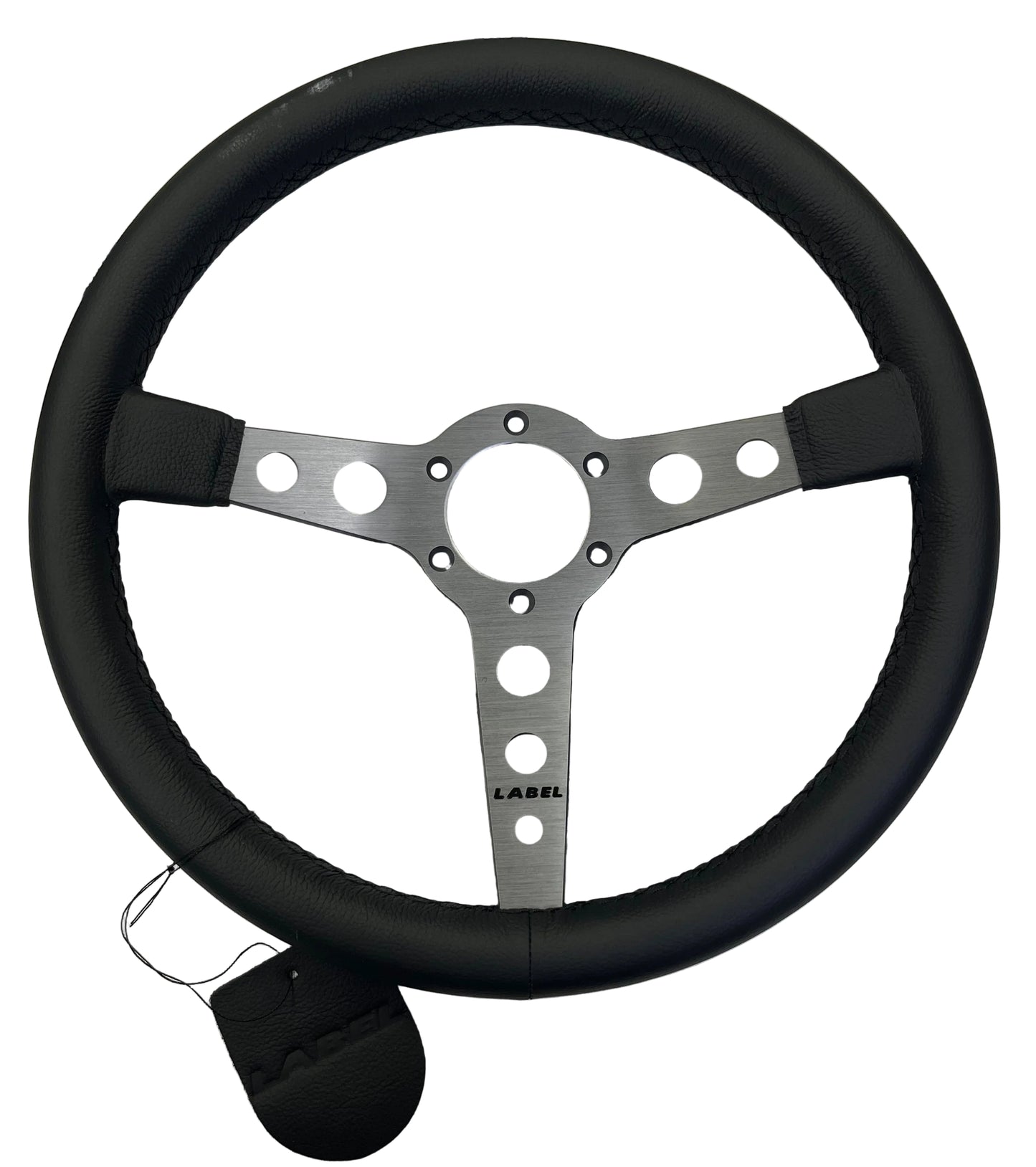 Black leather Daytona steering wheel with graphite spoke and black stitching, by Speedzone Performance LLC.
