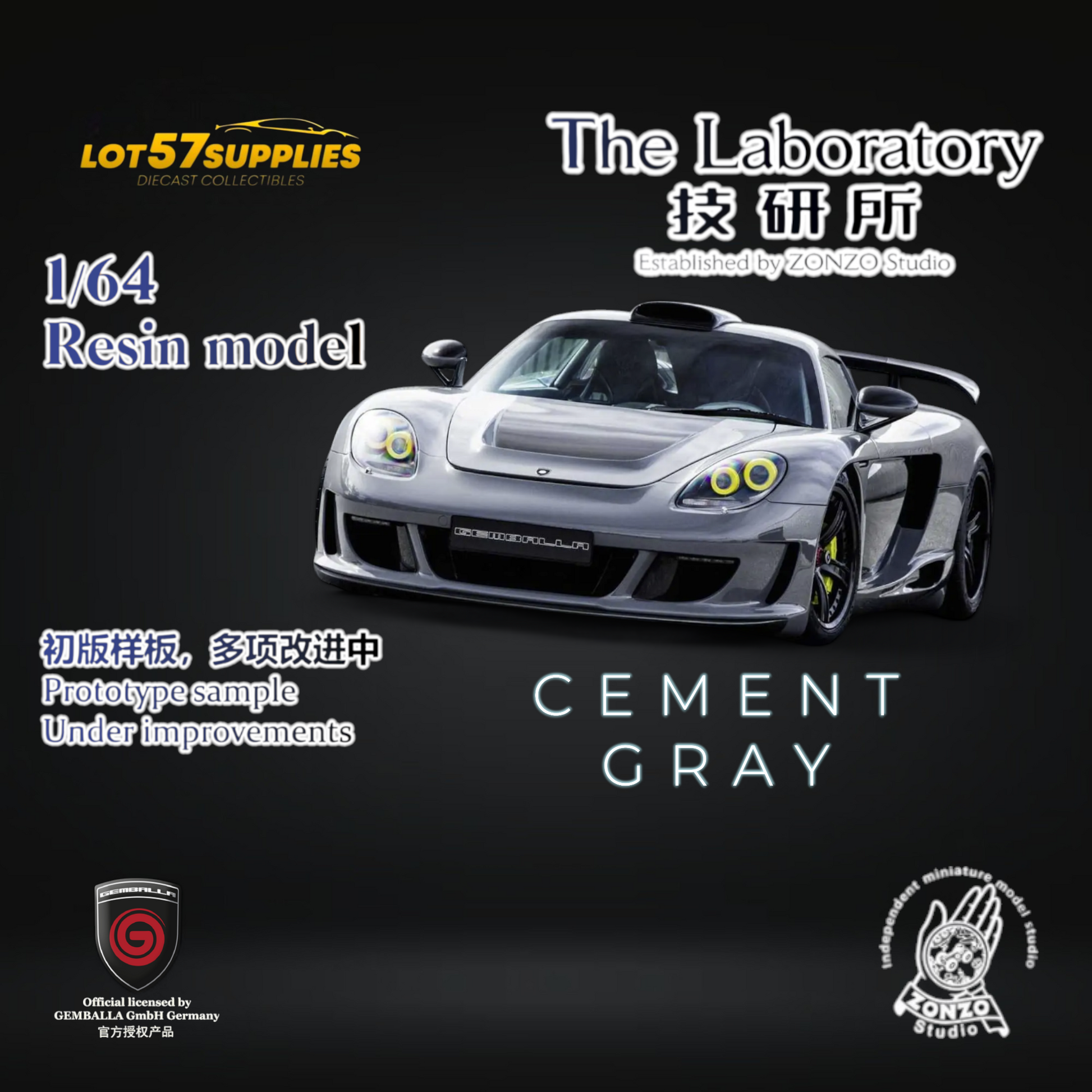 Pre-order Gemballa Mirage GT in Cement Grey diecast model by Lot57Supplies, showcasing detailed Gemballa design in 1:64 scale.
