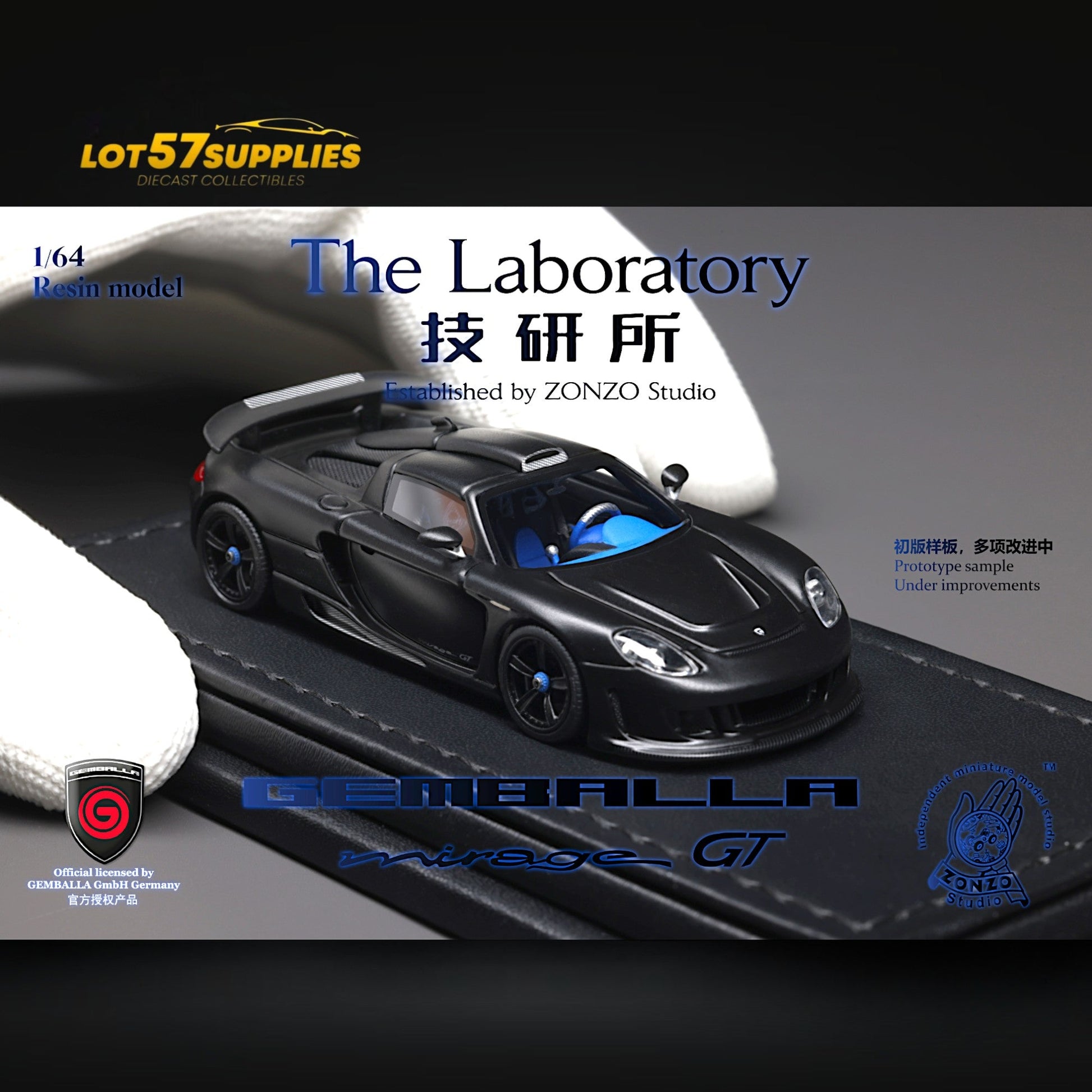 Gemballa Mirage GT miniature diecast car in matte black resin, 1:64 scale, detailed model from Lot57Supplies Diecast Shop