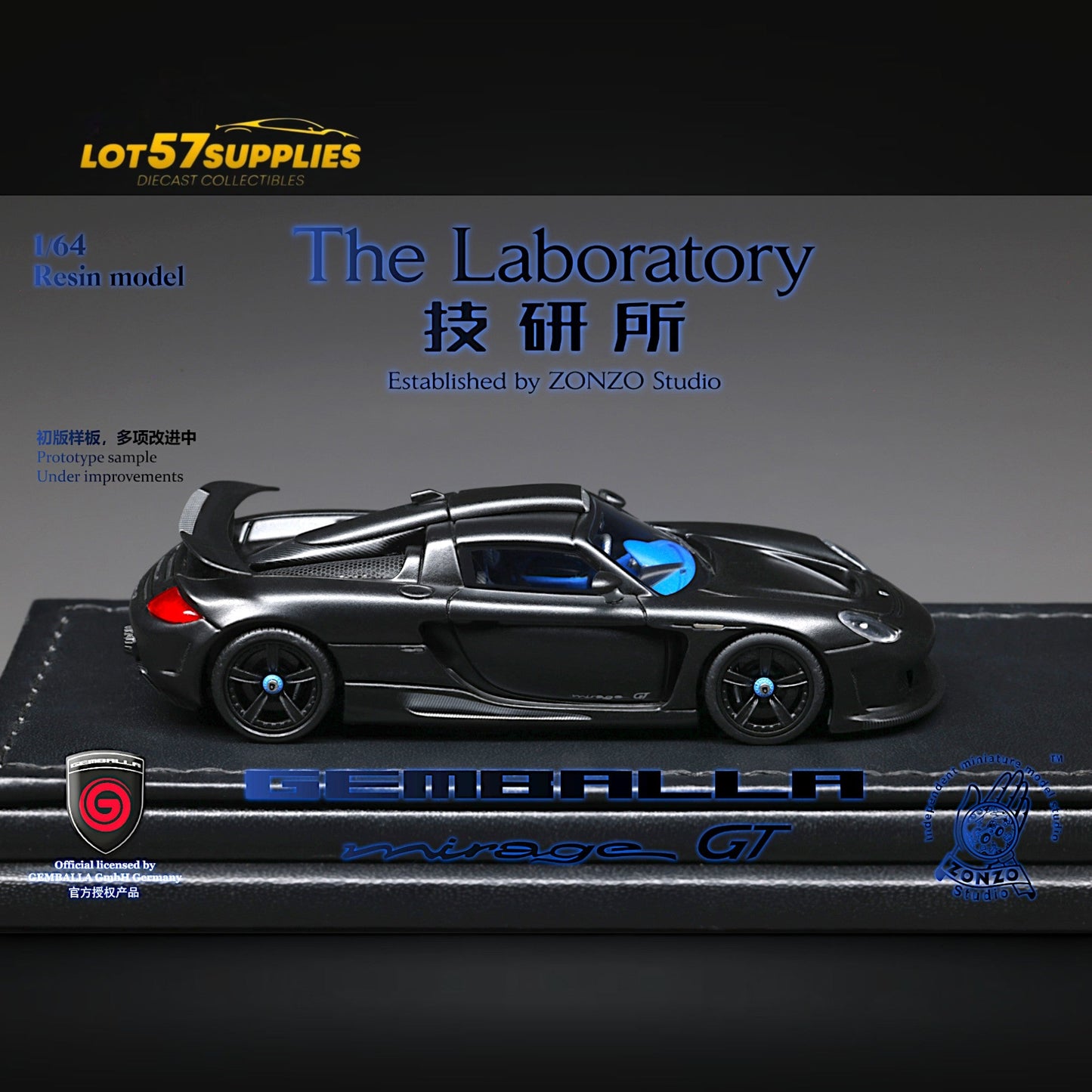 Gemballa Mirage GT diecast model in matte black resin, 1:64 scale, showcasing detailed design and sleek exterior.
