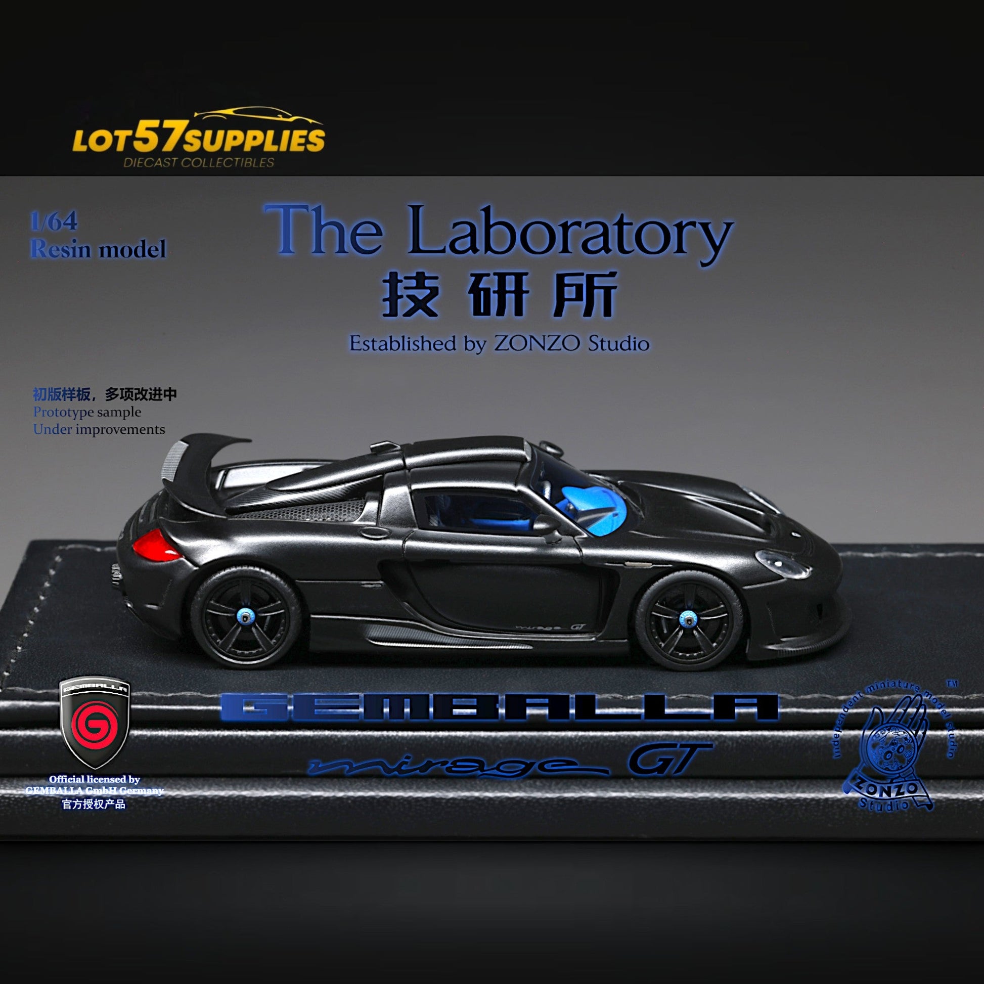 Gemballa Mirage GT diecast model in matte black resin, 1:64 scale, showcasing detailed design and sleek exterior.