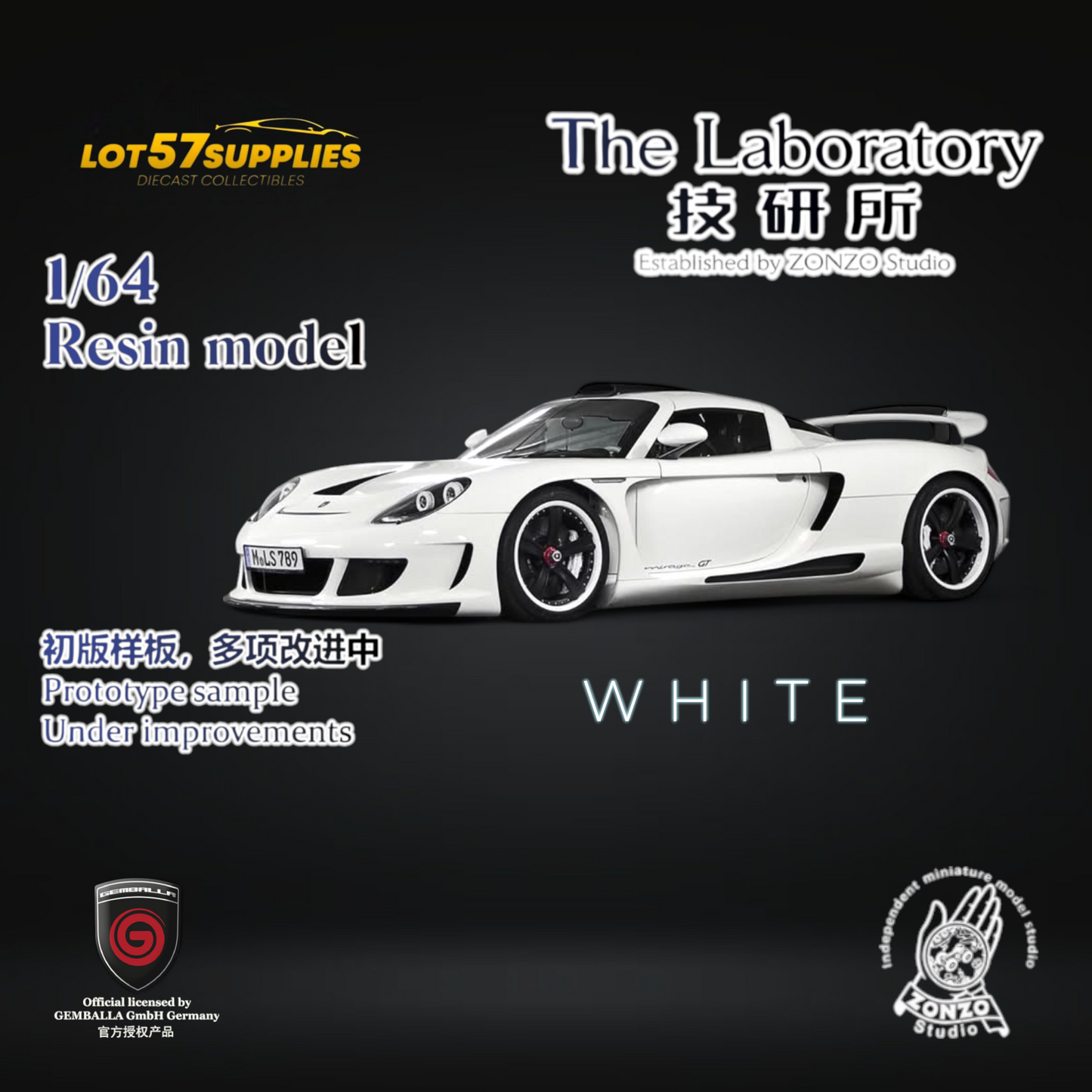 White Gemballa Mirage GT diecast model in 1:64 scale by Lot57Supplies Diecast Shop, featuring detailed resin craftsmanship.
