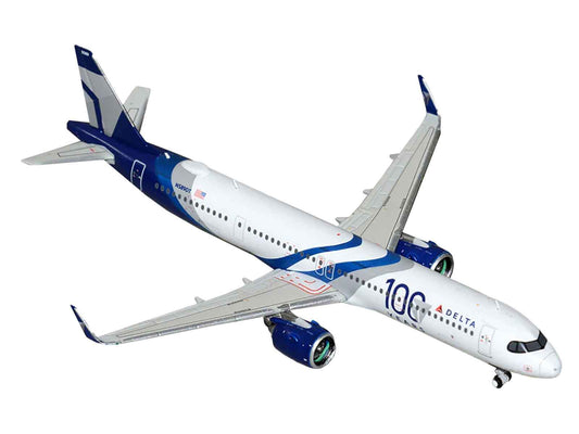 Airbus A321neo Commercial Aircraft "Delta Air Lines 100 Years" (N589DT) White and Blue with Stripes 1/400 Diecast Model Airplane by GeminiJets