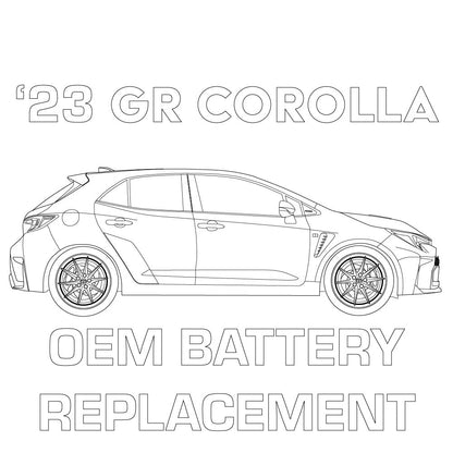 Blueprints of the 2023+ GR Corolla Lithium Performance Battery by MeLe Design Firm, showing detailed technical design.