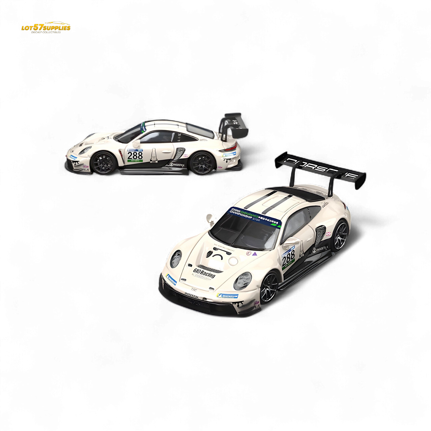 Diecast Porsche 911 GT3 racing car in Milky White, 1:64 scale, featuring detailed race car design from Lot57Supplies Diecast Shop