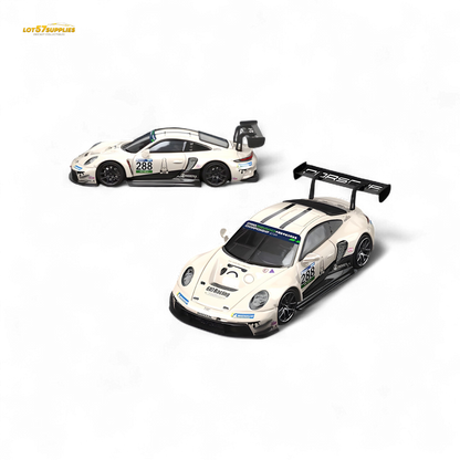 Diecast Porsche 911 GT3 racing car in Milky White, 1:64 scale, featuring detailed race car design from Lot57Supplies Diecast Shop
