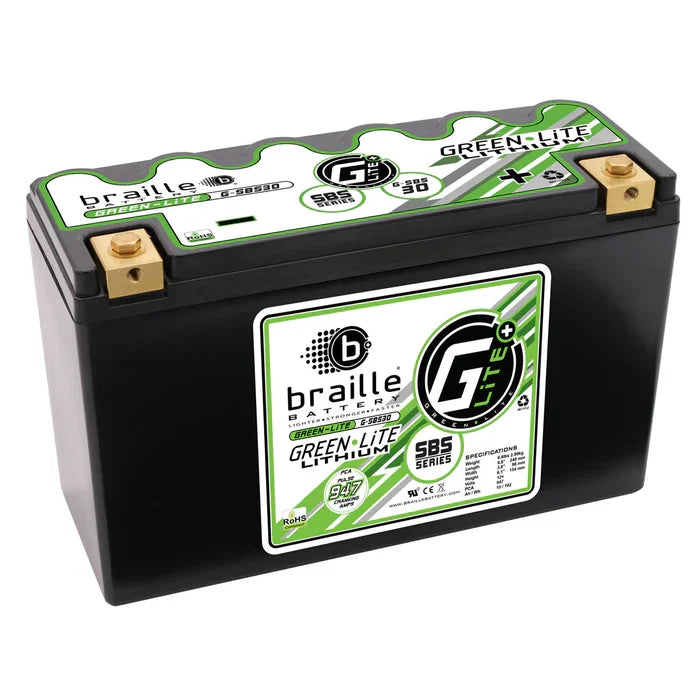 GreenLite Lithium Battery G-SBS30 by MeLe Design Firm for automotive and racing applications, shown in a sleek green design.