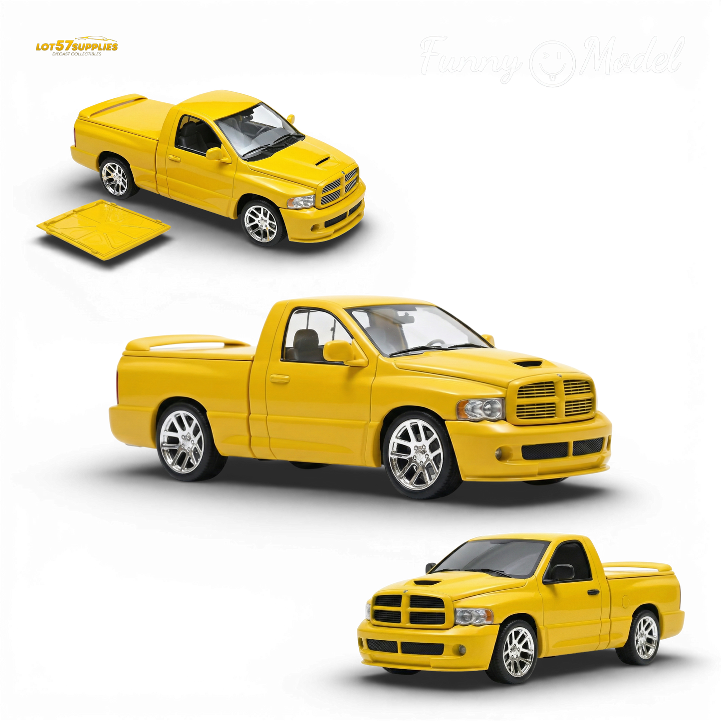 Yellow Dodge RAM SRT-10 diecast model in 1:64 scale, featuring a vibrant yellow finish and detailed design.