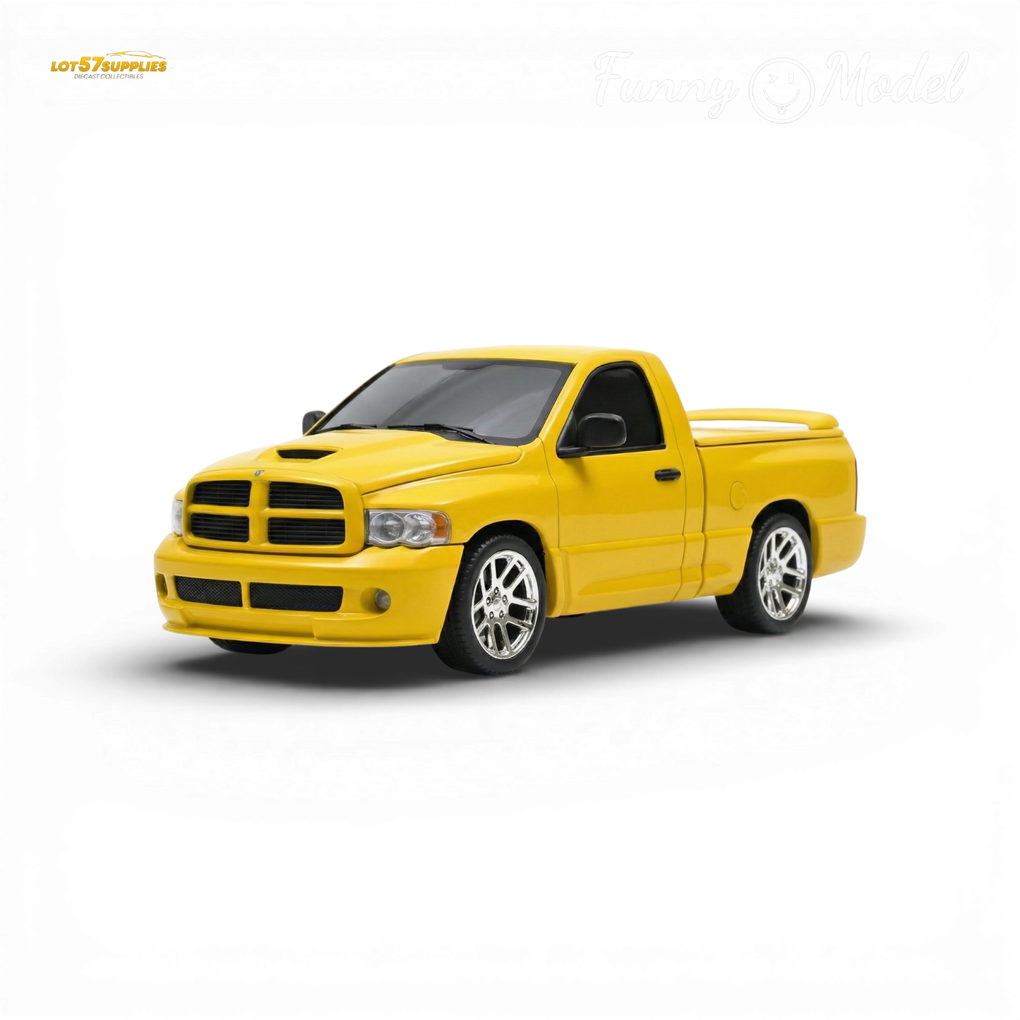 Yellow Dodge RAM SRT-10 diecast model in 1:64 scale, featuring detailed design from Lot57Supplies Diecast Shop.