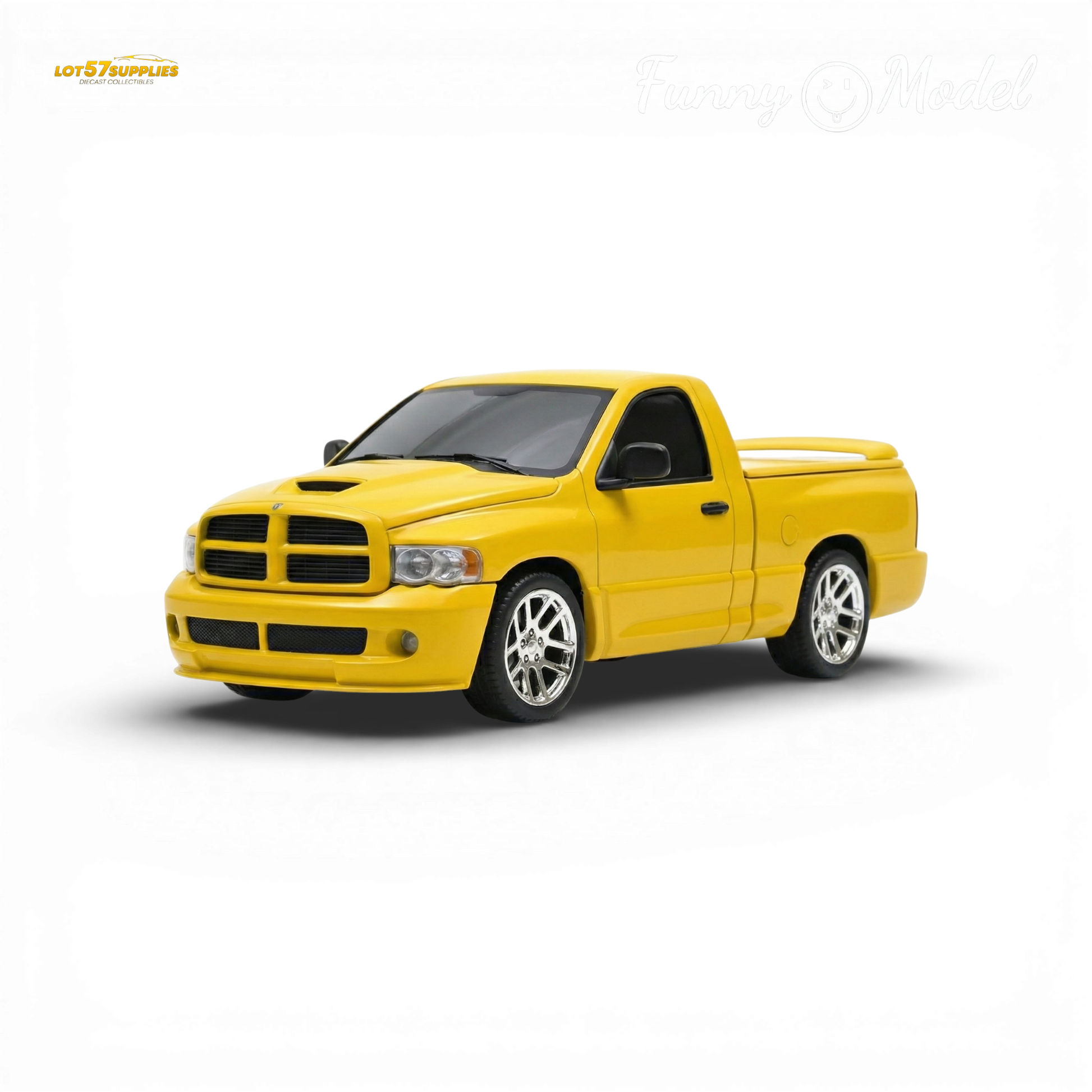 Yellow Dodge RAM SRT-10 diecast model in 1:64 scale, featuring detailed design from Lot57Supplies Diecast Shop.