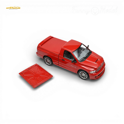 Red Dodge RAM SRT-10 diecast model in 1:64 scale with flame details, showcasing a fun and detailed vehicle replica.