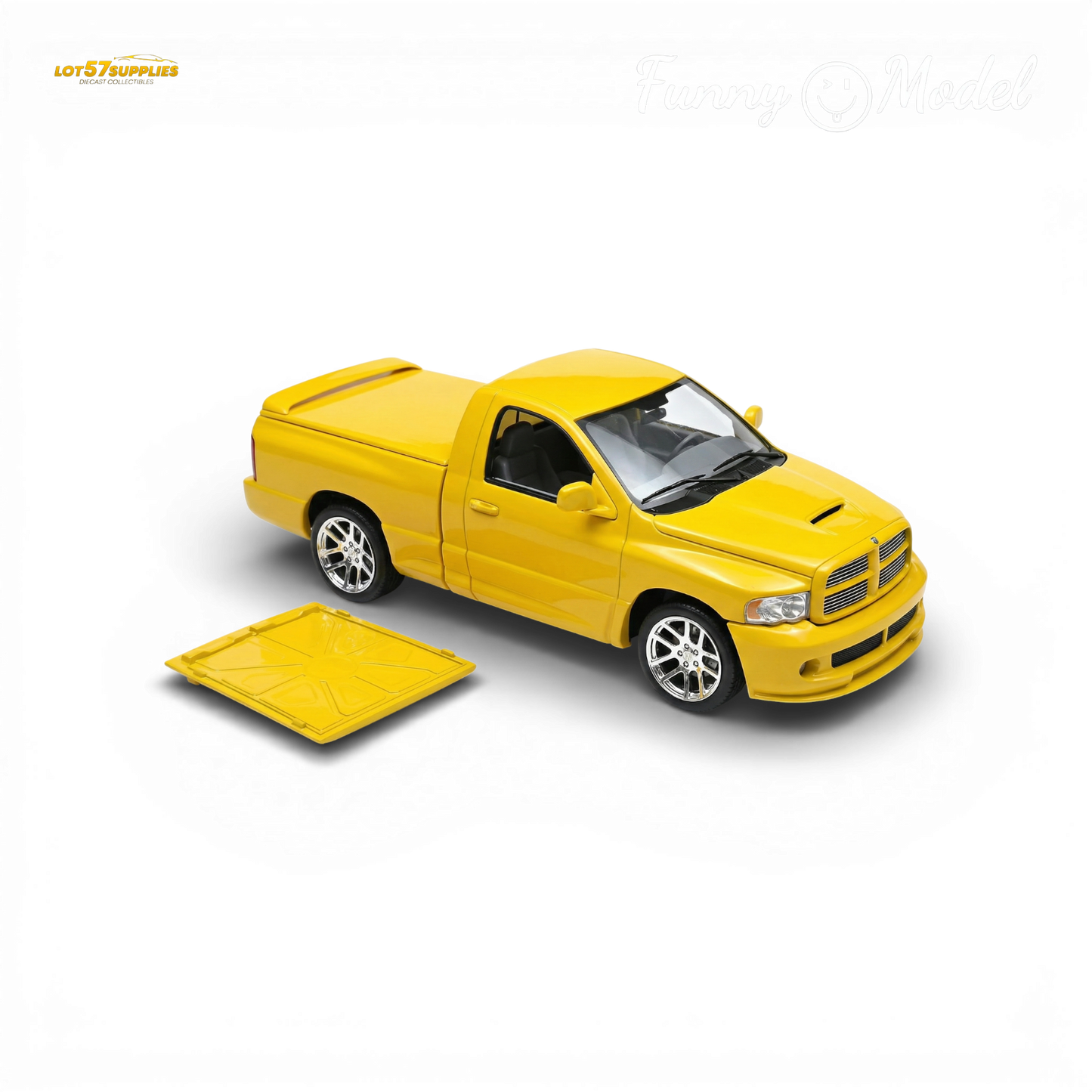 Yellow Dodge RAM SRT-10 diecast model in 1:64 scale from Lot57Supplies, featuring detailed design and vibrant yellow finish.