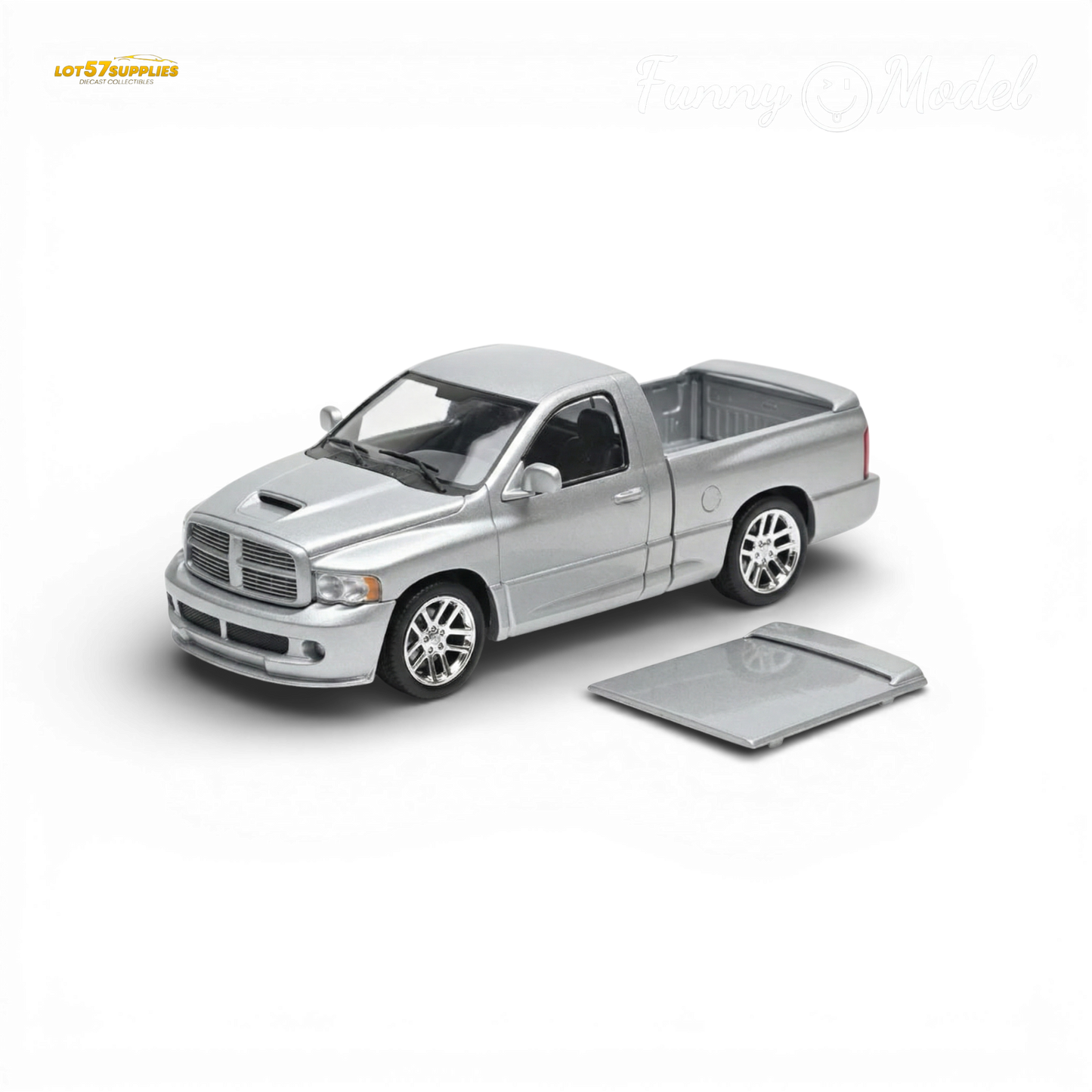Silver 1:64 scale Dodge RAM SRT-10 diecast model from Lot57Supplies, featuring detailed design and realistic appearance.