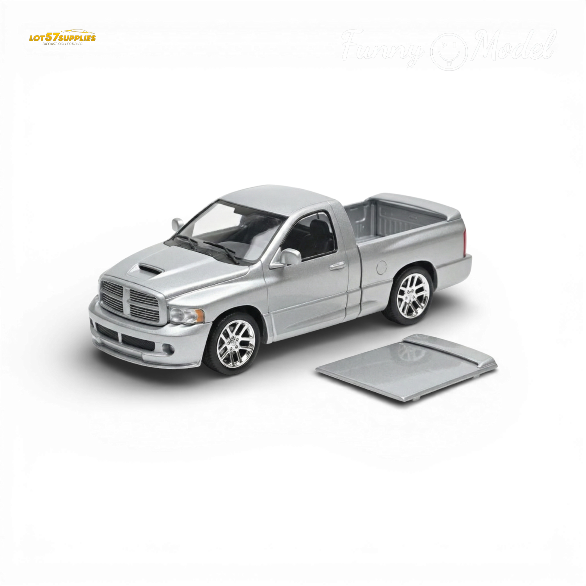 Silver 1:64 scale Dodge RAM SRT-10 diecast model from Lot57Supplies, featuring detailed design and realistic appearance.