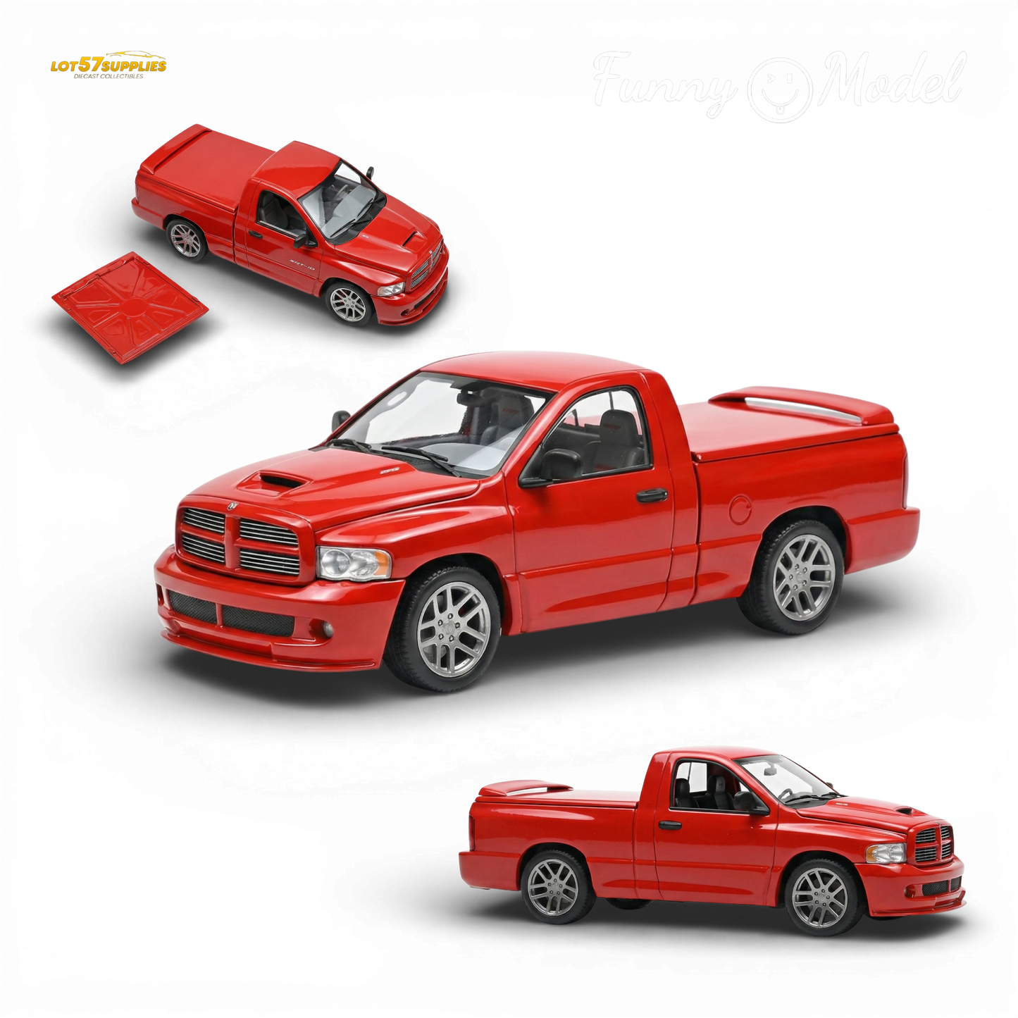 Dodge RAM SRT-10 diecast model in flame red, 1:64 scale, featuring detailed design and realistic truck features.