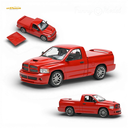 Dodge RAM SRT-10 diecast model in flame red, 1:64 scale, featuring detailed design and realistic truck features.