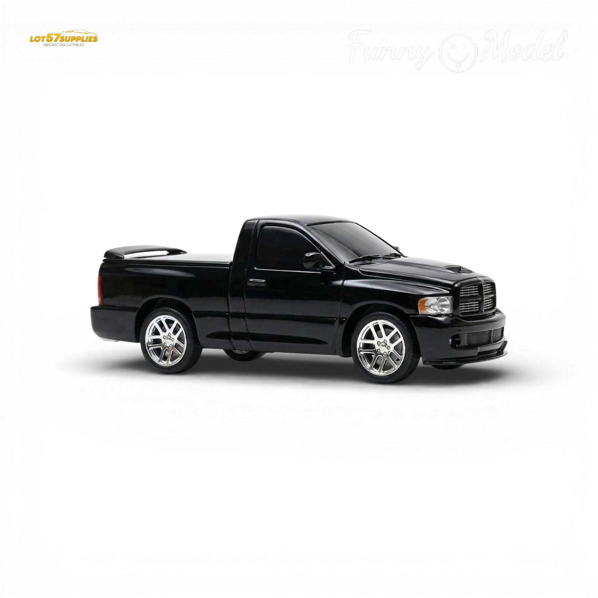 Black crystal Dodge RAM SRT-10 diecast model in 1:64 scale, detailed silver accents, from Lot57Supplies Diecast Shop, pre-order available.