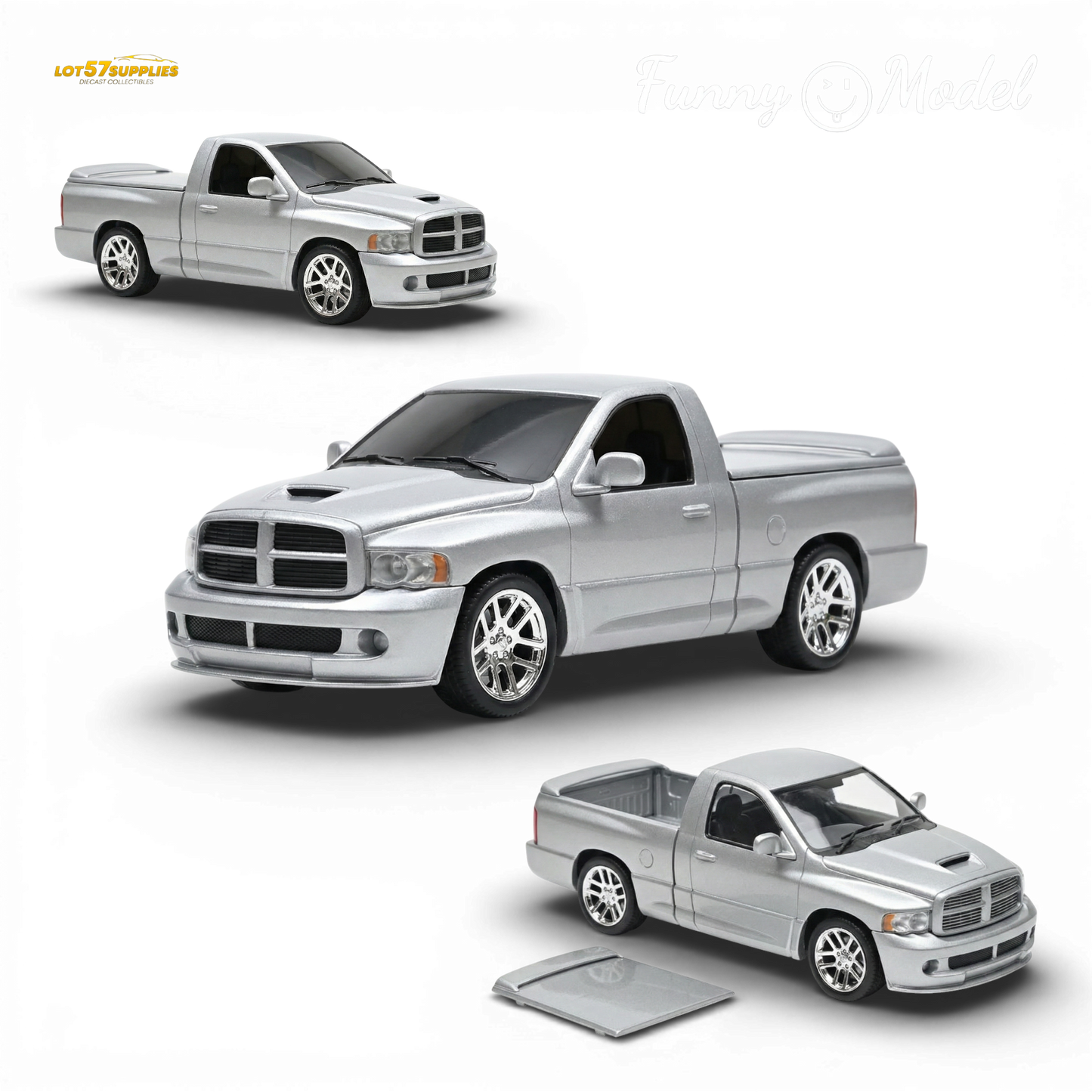 Silver Dodge RAM SRT-10 diecast model in 1:64 scale, featuring detailed design and realistic features, by Lot57Supplies.