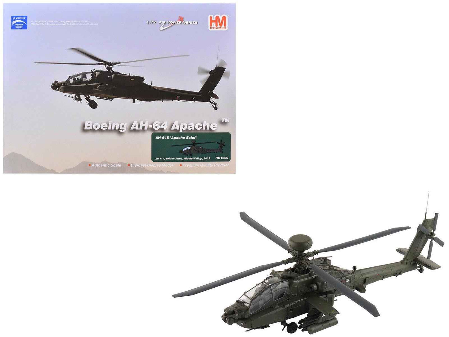 Boeing AH-64E Apache Echo Attack Helicopter "ZM714 Middle Wallop" (2022) British Army "Air Power Series" 1/72 Diecast Model by Hobby Master