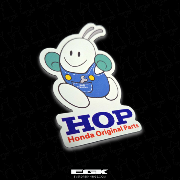 White HOP Mascot Honda original parts sticker by Evergreen Kings, featuring detailed mascot design for Honda vehicle customization.