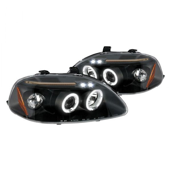 Black Spec-D Honda Civic 96-98 halo projector headlights showing sleek design and clear lens for enhanced visibility.