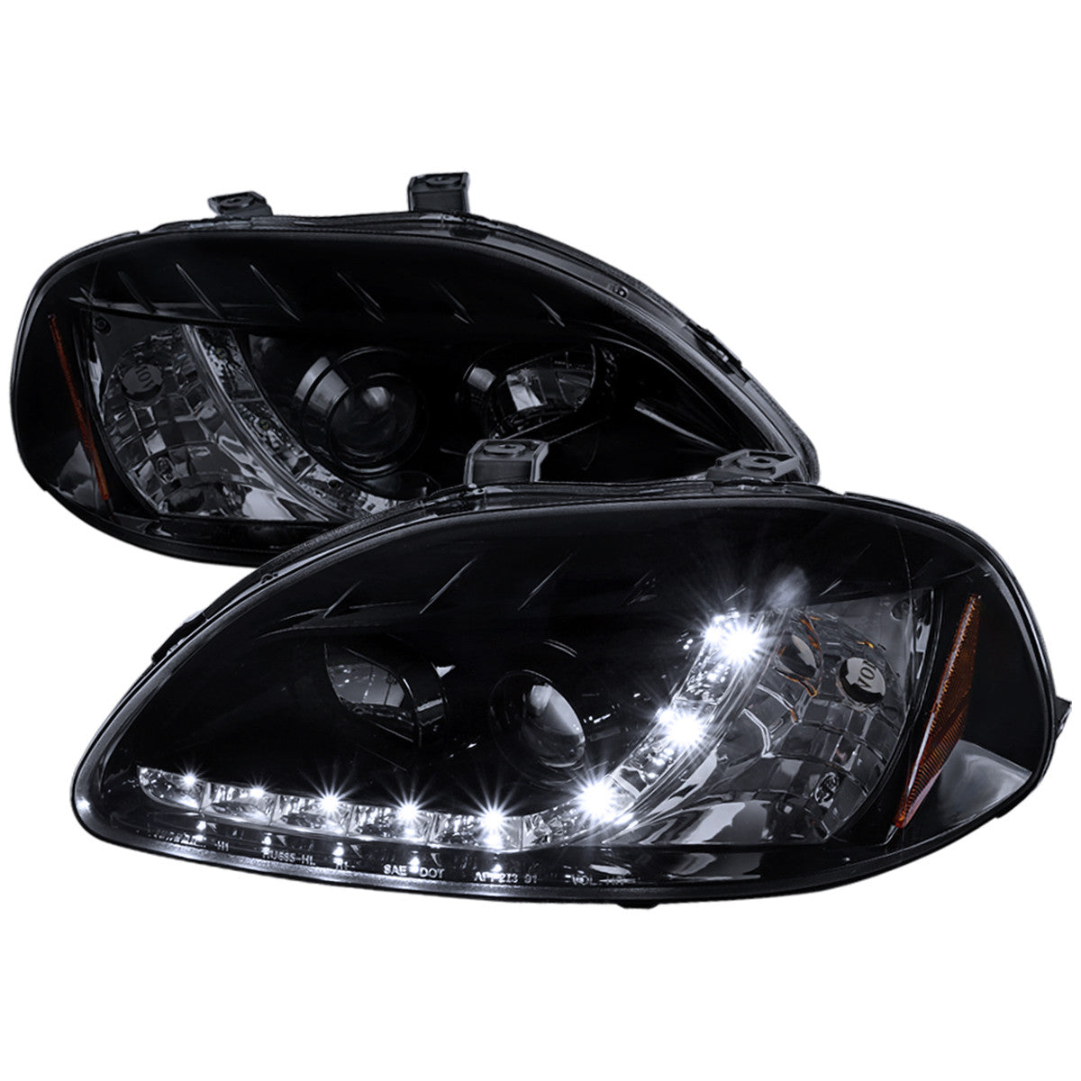 Smoked Spec-D R8 style projector headlights for 96-98 Honda Civic, featuring sleek design and enhanced visibility.