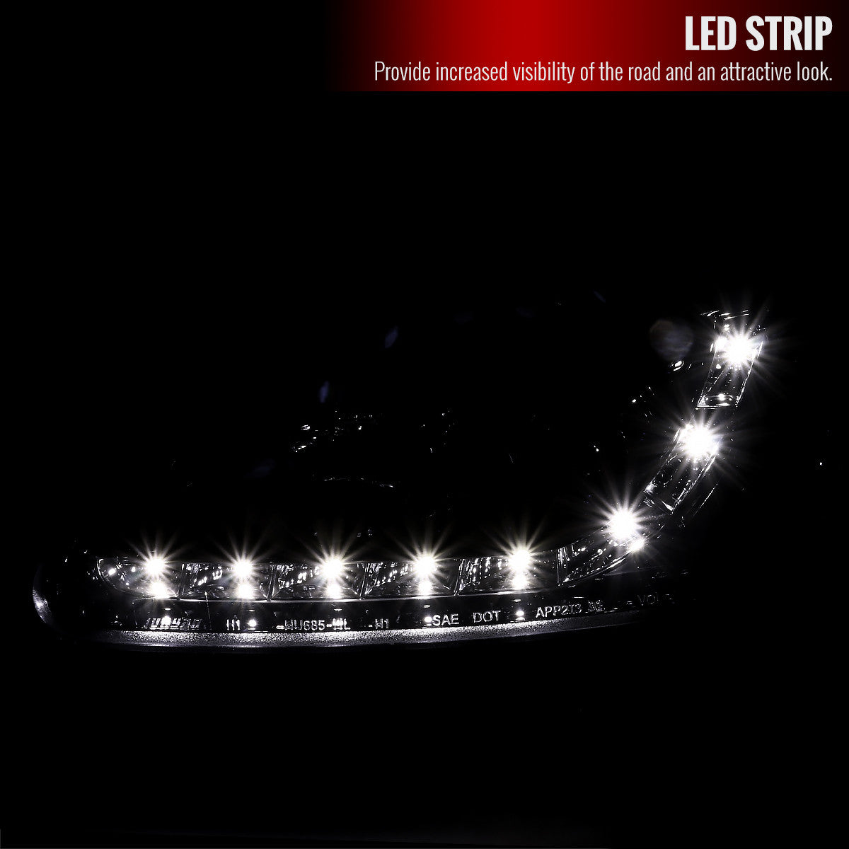 Smoked projector headlights in R8 style for 96-98 Honda Civic, featuring sleek design and enhanced front-end appearance.