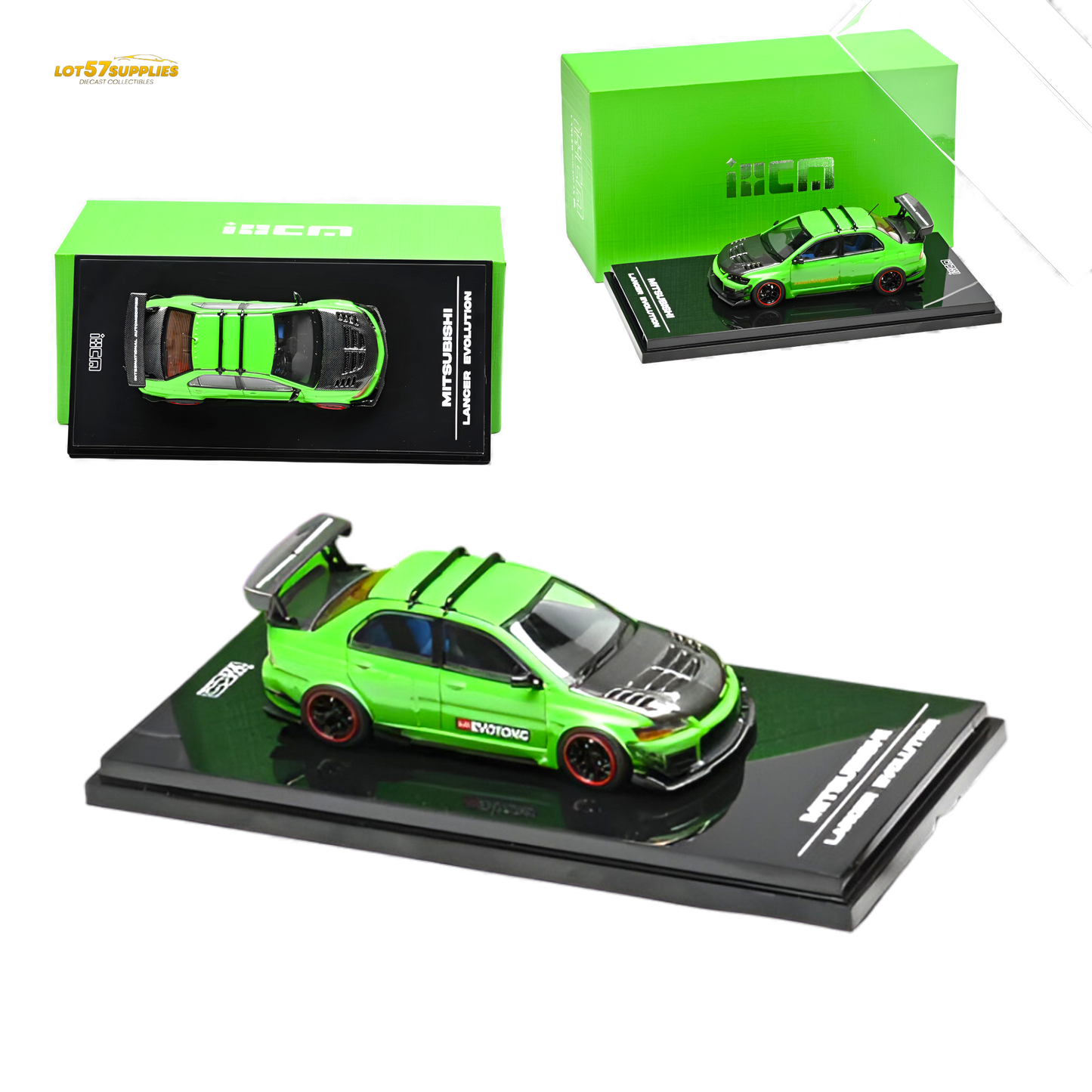 Mitsubishi Lancer Evo IX diecast model in parrot green by Lot57Supplies, detailed 1:64 scale collectible car.