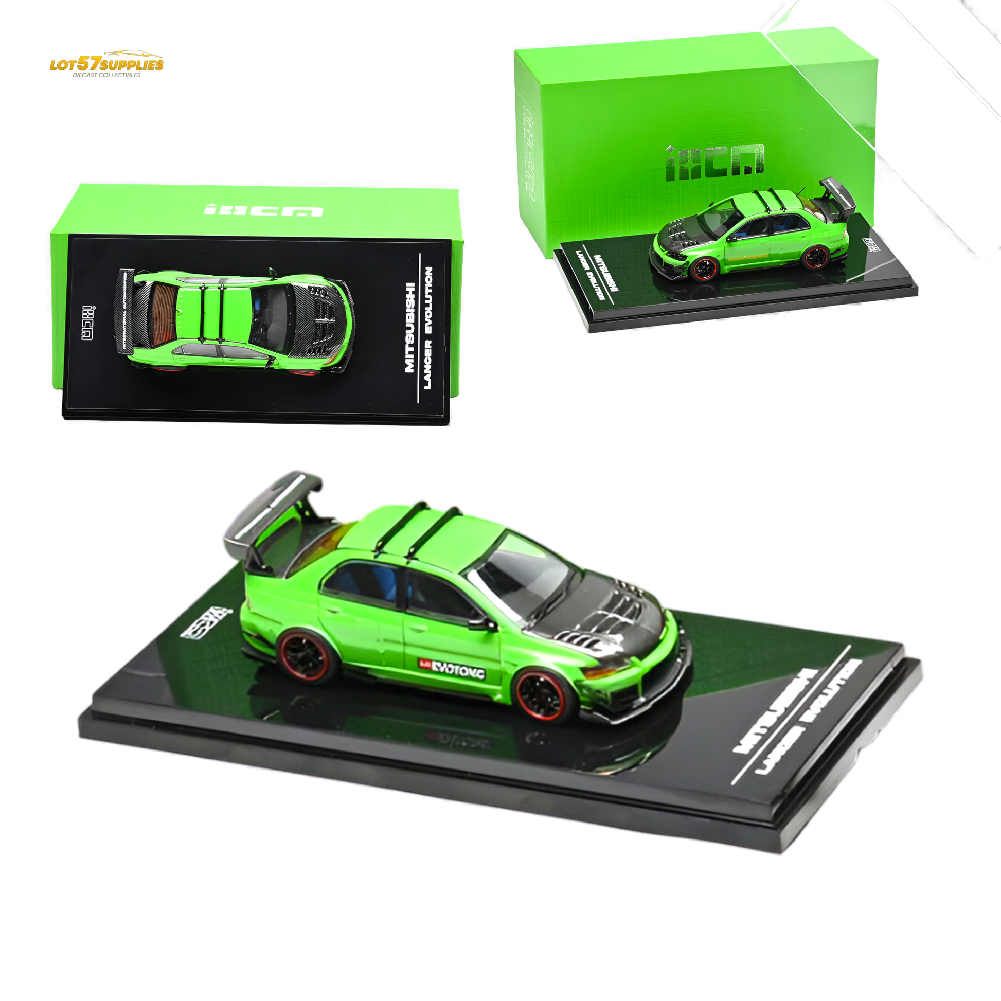 Mitsubishi Lancer Evo IX diecast model in parrot green by Lot57Supplies, detailed 1:64 scale collectible car.